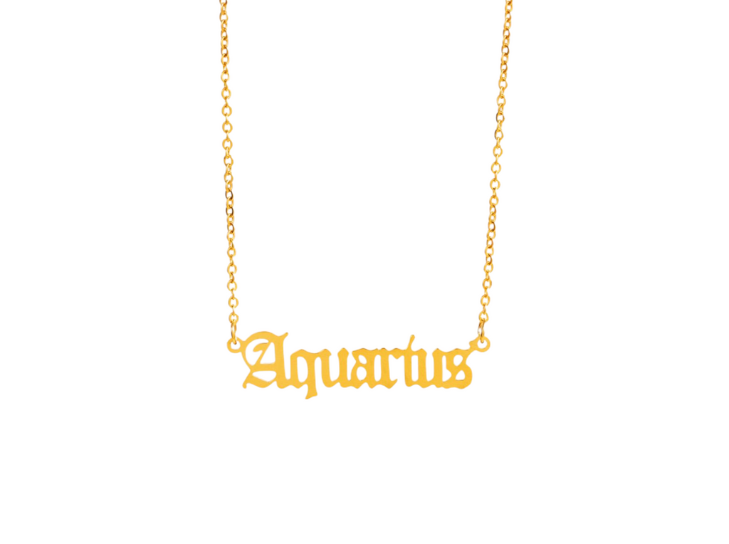 Gold necklace with Aquarius zodiac, perfect for astrology lovers.